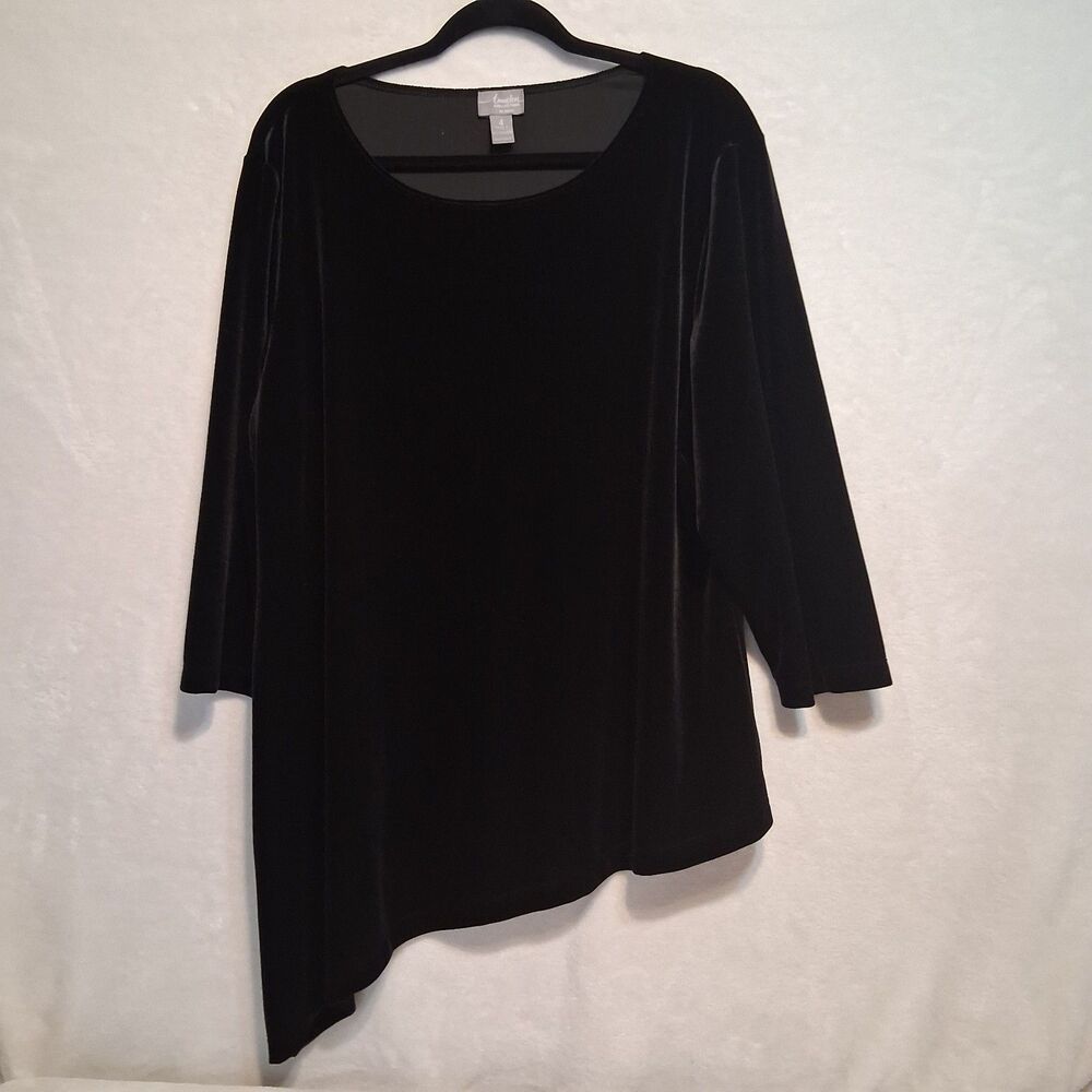 Chico's Travelers 4 (2XL) Top Velvet Black Asymmetrical Hem 3/4 Sleeve Holiday
